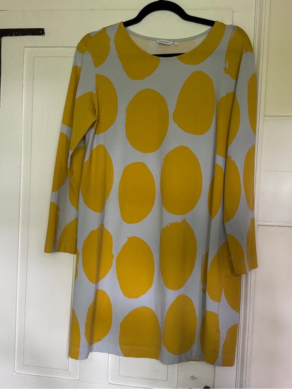 Marimekko Kivet Dot Print Mustard Yellow Long Sleeve Shift Dress L - Picture 2 of 9
